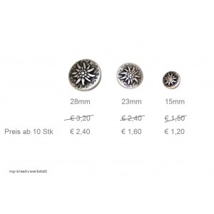 Trachtenknopf Edelweiss altsilber  Größenwahl mit Preisvorteil, bestellbar ab 10 Stk in einer Größe
